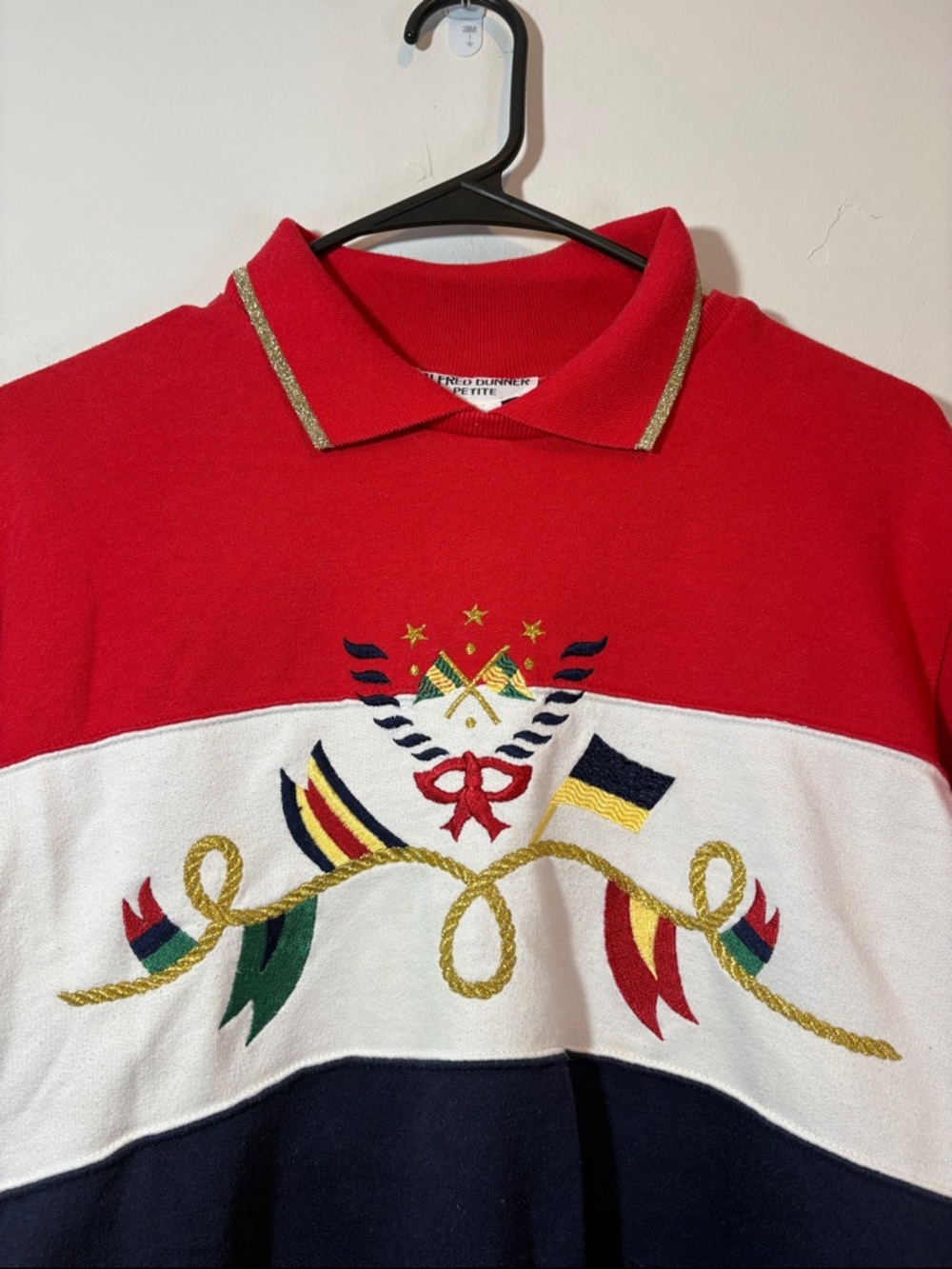 Vintage Nautical Rope Flag Americana Red White Blue Stripe Metallic Gold Thread